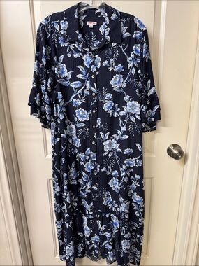 Johnny Was Navy and Blue Floral Midi Shirt Dress